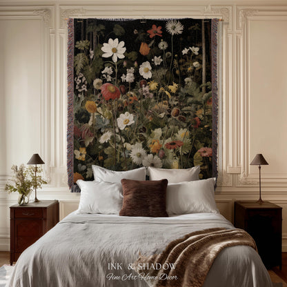 Whimsigothic Wildflowers Fairy Grunge Dark Botanical Woven Blanket | Moody Victorian Gothic Floral Art Academia Tapestry Throw Wall Hanging
