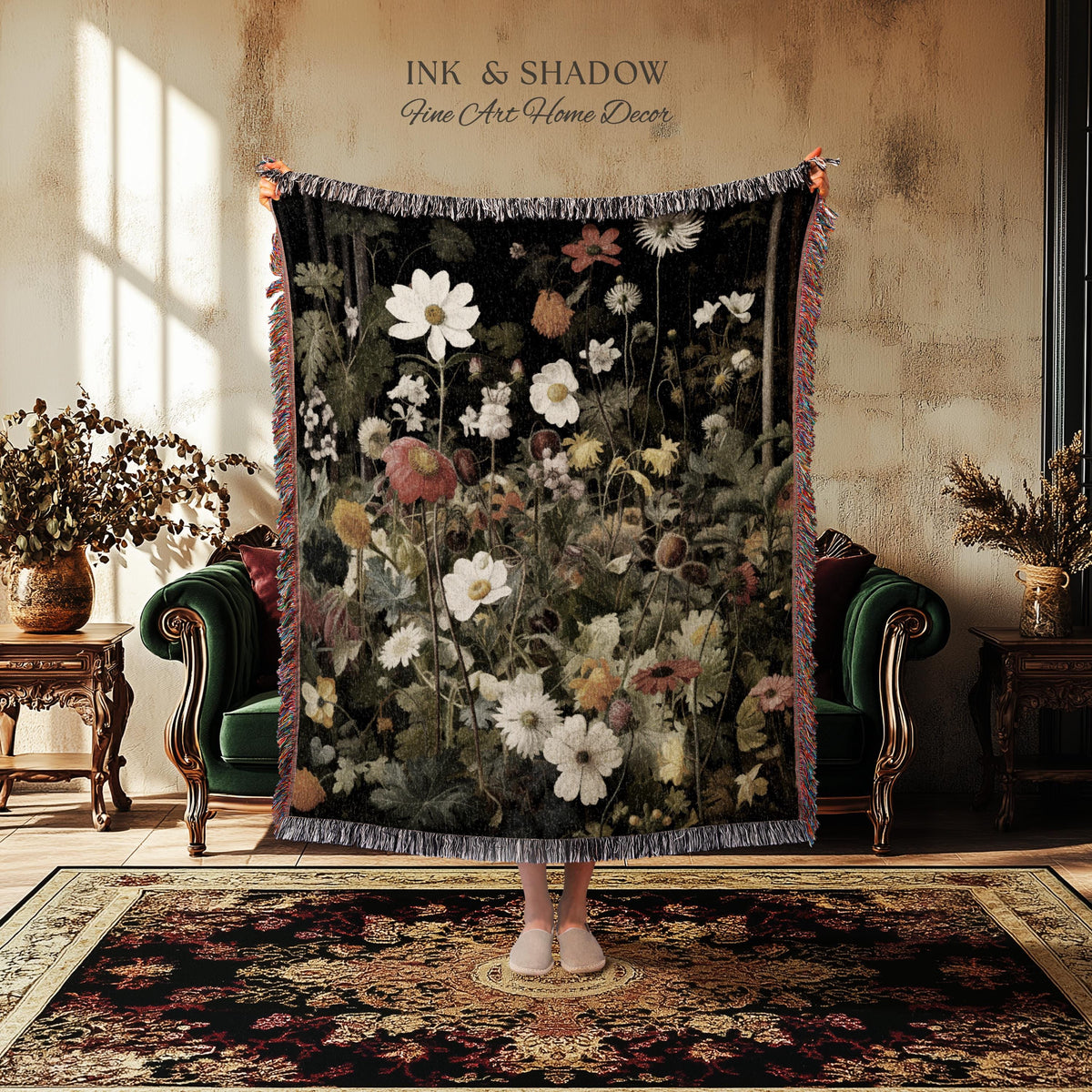 Whimsigothic Wildflowers Fairy Grunge Dark Botanical Woven Blanket | Moody Victorian Gothic Floral Art Academia Tapestry Throw Wall Hanging