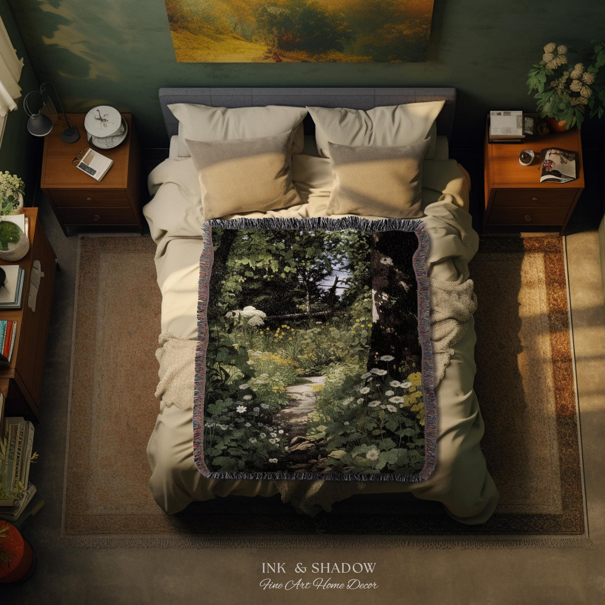 Dark Fairycore Woodland Woven Tapestry Throw | Renaissance Style Botanical Art Home Decor Victorian Gothic Forest Path Blanket Wall Hanging
