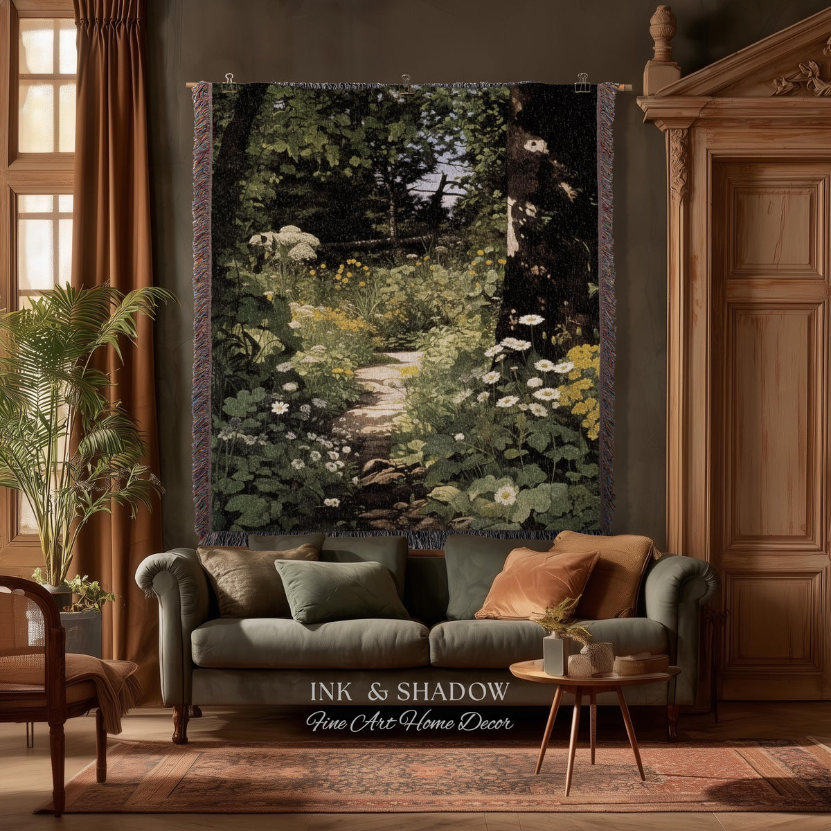 Dark Fairycore Woodland Woven Tapestry Throw | Renaissance Style Botanical Art Home Decor Victorian Gothic Forest Path Blanket Wall Hanging
