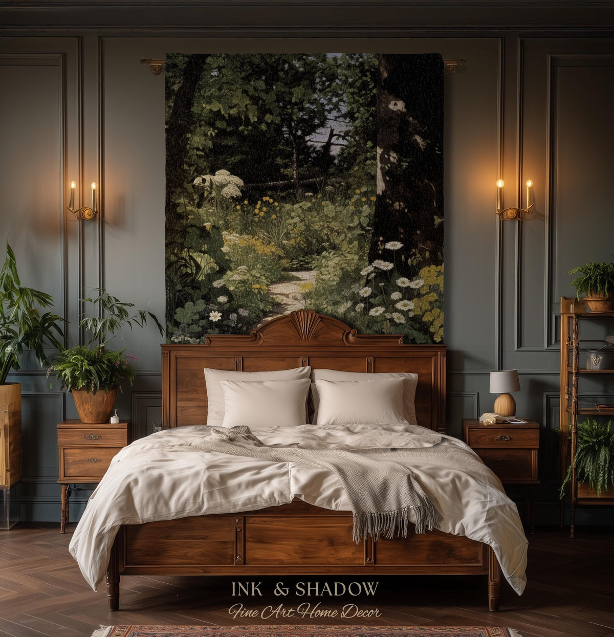 Dark Fairycore Woodland Woven Tapestry Throw | Renaissance Style Botanical Art Home Decor Victorian Gothic Forest Path Blanket Wall Hanging