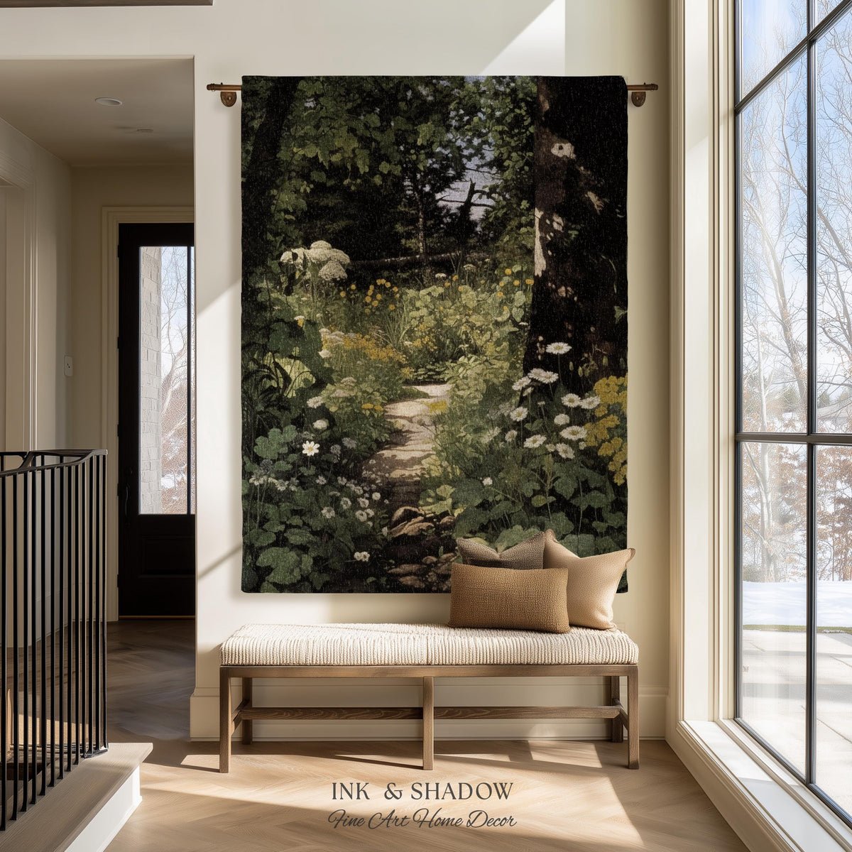 Dark Fairycore Woodland Woven Tapestry Throw | Renaissance Style Botanical Art Home Decor Victorian Gothic Forest Path Blanket Wall Hanging