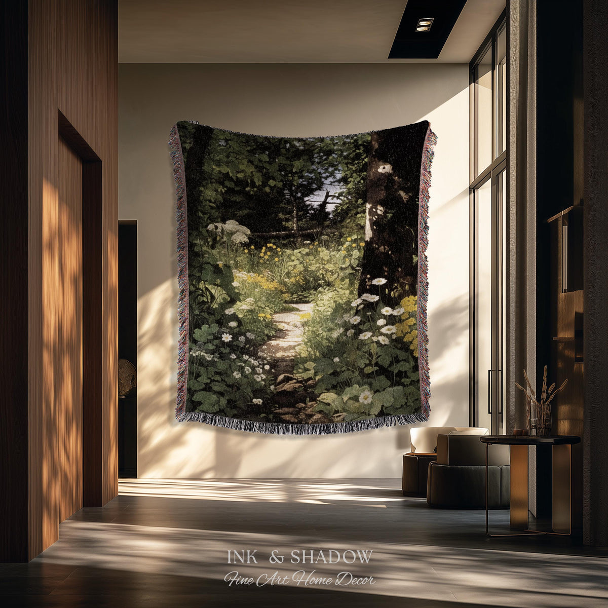 Dark Fairycore Woodland Woven Tapestry Throw | Renaissance Style Botanical Art Home Decor Victorian Gothic Forest Path Blanket Wall Hanging