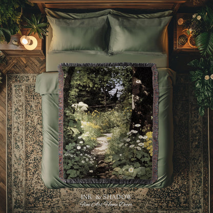 Dark Fairycore Woodland Woven Tapestry Throw | Renaissance Style Botanical Art Home Decor Victorian Gothic Forest Path Blanket Wall Hanging