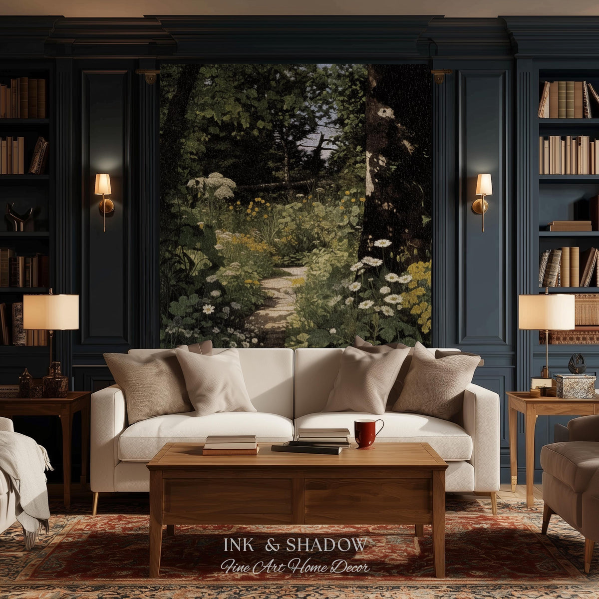 Dark Fairycore Woodland Woven Tapestry Throw | Renaissance Style Botanical Art Home Decor Victorian Gothic Forest Path Blanket Wall Hanging