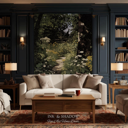 Dark Fairycore Woodland Woven Tapestry Throw | Renaissance Style Botanical Art Home Decor Victorian Gothic Forest Path Blanket Wall Hanging