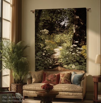 Dark Fairycore Woodland Woven Tapestry Throw | Renaissance Style Botanical Art Home Decor Victorian Gothic Forest Path Blanket Wall Hanging
