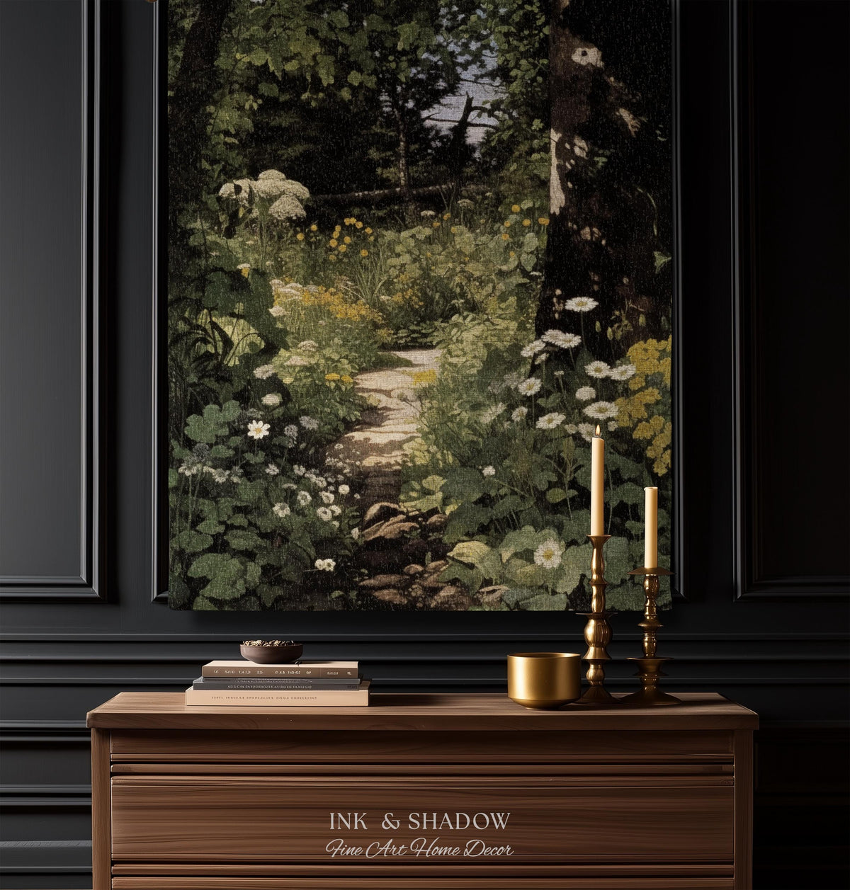 Dark Fairycore Woodland Woven Tapestry Throw | Renaissance Style Botanical Art Home Decor Victorian Gothic Forest Path Blanket Wall Hanging