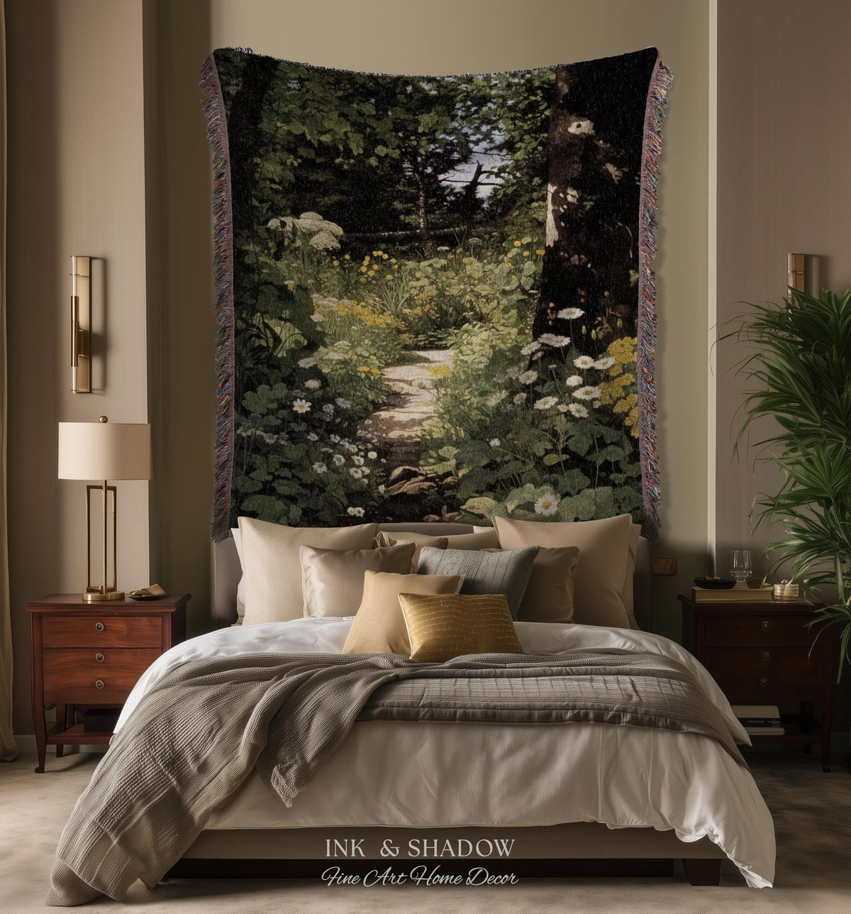 Dark Fairycore Woodland Woven Tapestry Throw | Renaissance Style Botanical Art Home Decor Victorian Gothic Forest Path Blanket Wall Hanging