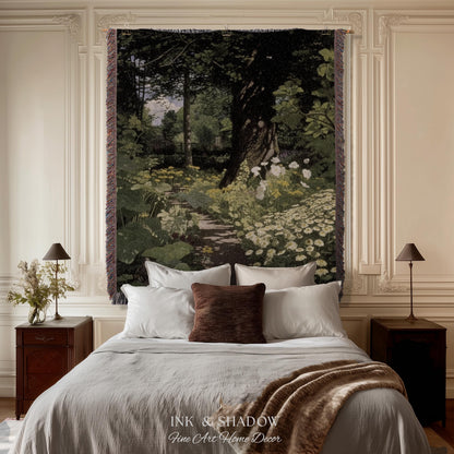 Woodland Gothic Floral Woven Tapestry | Victorian Forest Path Throw Blanket Whimsigothic Wall Art Botanical Fairycore Aesthetic Home Decor