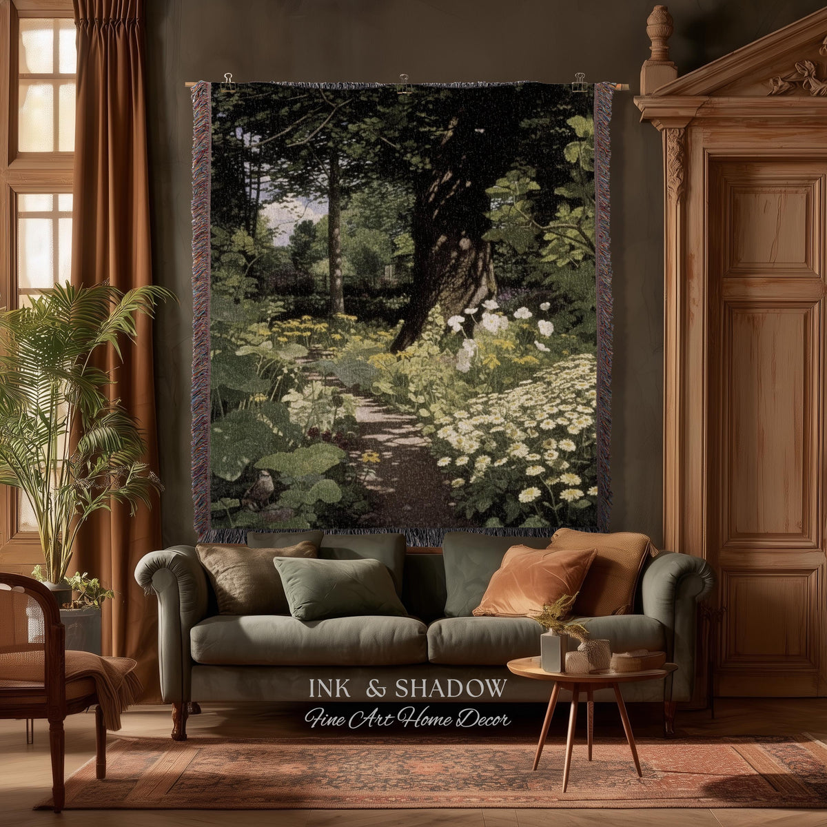 Woodland Gothic Floral Woven Tapestry | Victorian Forest Path Throw Blanket Whimsigothic Wall Art Botanical Fairycore Aesthetic Home Decor