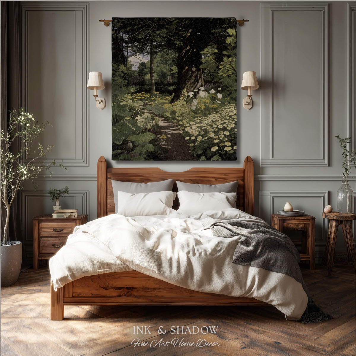 Woodland Gothic Floral Woven Tapestry | Victorian Forest Path Throw Blanket Whimsigothic Wall Art Botanical Fairycore Aesthetic Home Decor