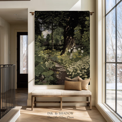 Woodland Gothic Floral Woven Tapestry | Victorian Forest Path Throw Blanket Whimsigothic Wall Art Botanical Fairycore Aesthetic Home Decor
