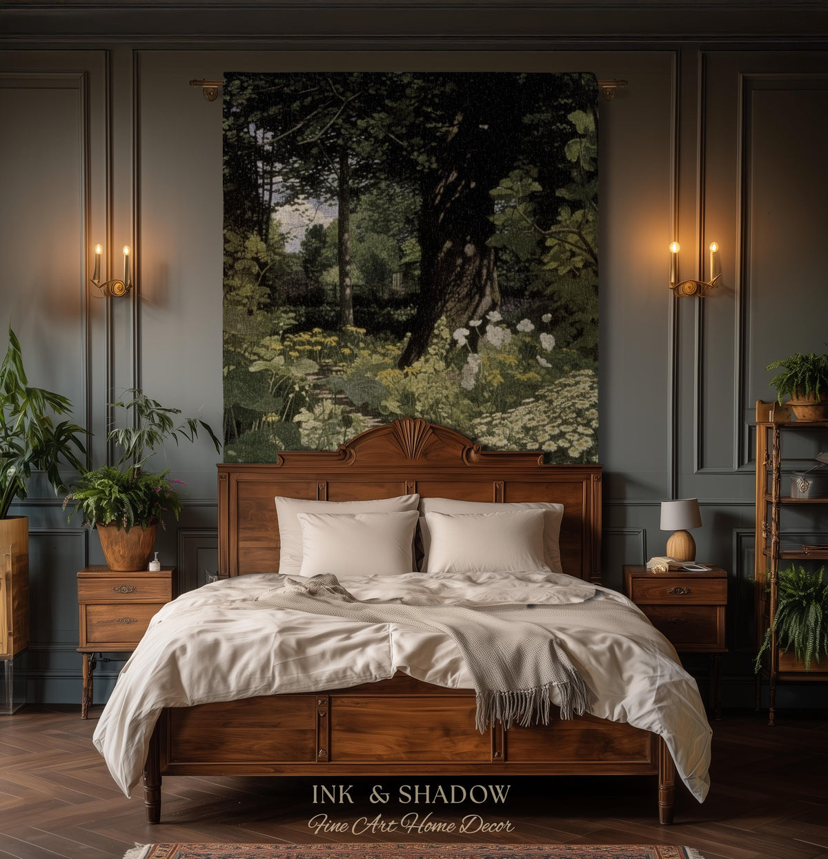 Woodland Gothic Floral Woven Tapestry | Victorian Forest Path Throw Blanket Whimsigothic Wall Art Botanical Fairycore Aesthetic Home Decor