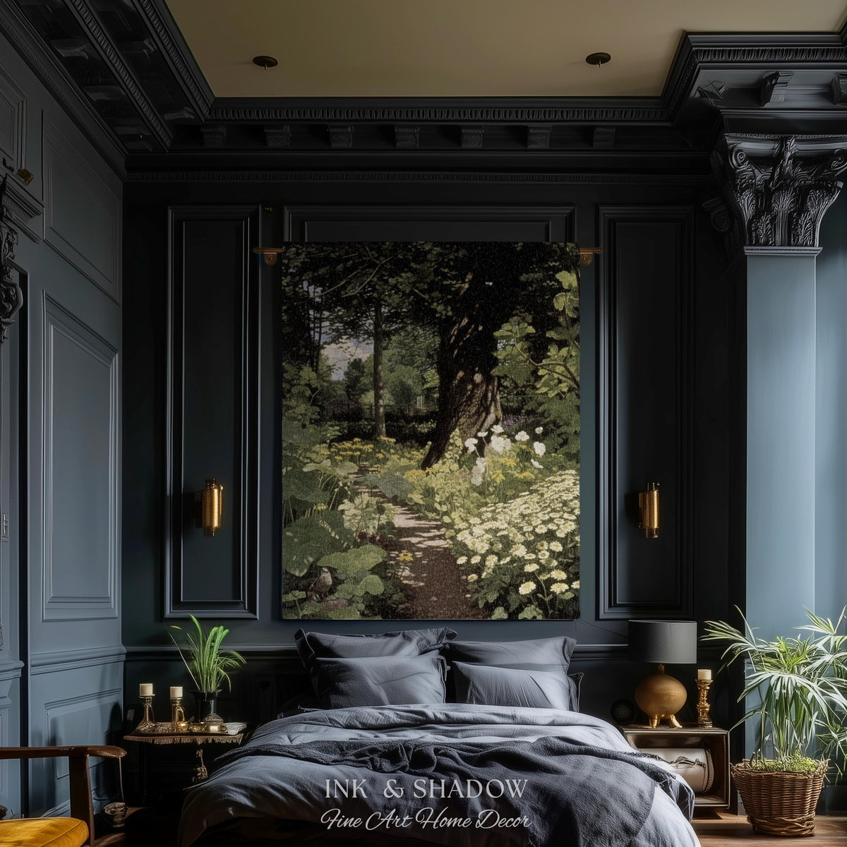 Woodland Gothic Floral Woven Tapestry | Victorian Forest Path Throw Blanket Whimsigothic Wall Art Botanical Fairycore Aesthetic Home Decor