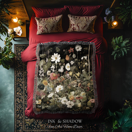 Whimsigothic Wildflowers Fairy Grunge Dark Botanical Woven Blanket | Moody Victorian Gothic Floral Art Academia Tapestry Throw Wall Hanging