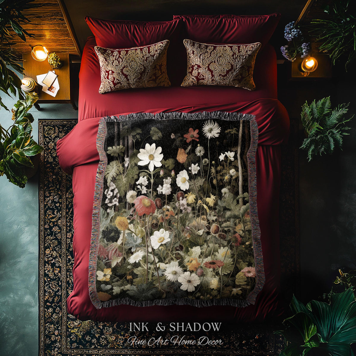 Whimsigothic Wildflowers Fairy Grunge Dark Botanical Woven Blanket | Moody Victorian Gothic Floral Art Academia Tapestry Throw Wall Hanging