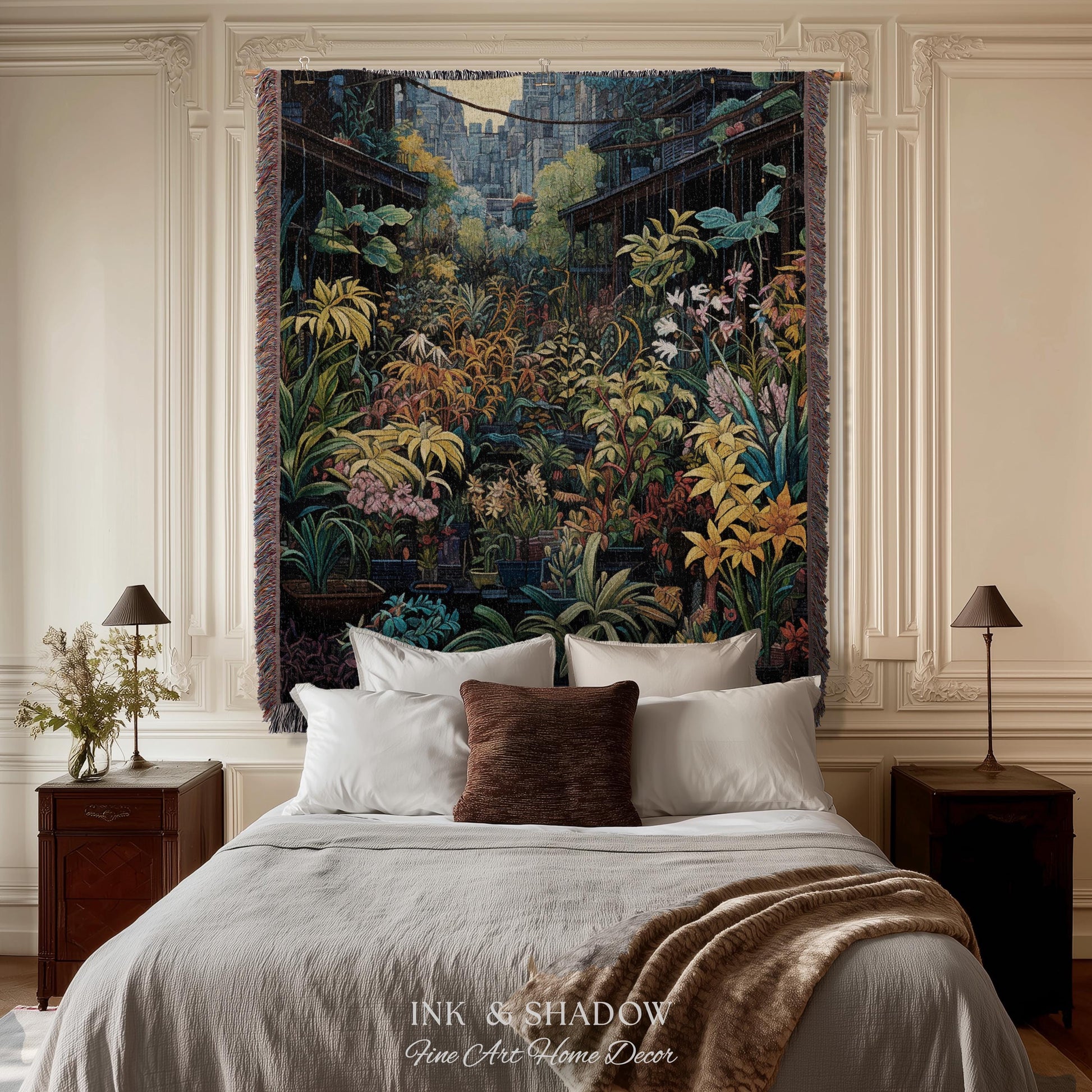 Amsterdam Flower Market Dark Floral Woven Throw Blanket | Flower Wall Backdrop Floral Tapestry Flower Market Wall Art Botanical Blanket |