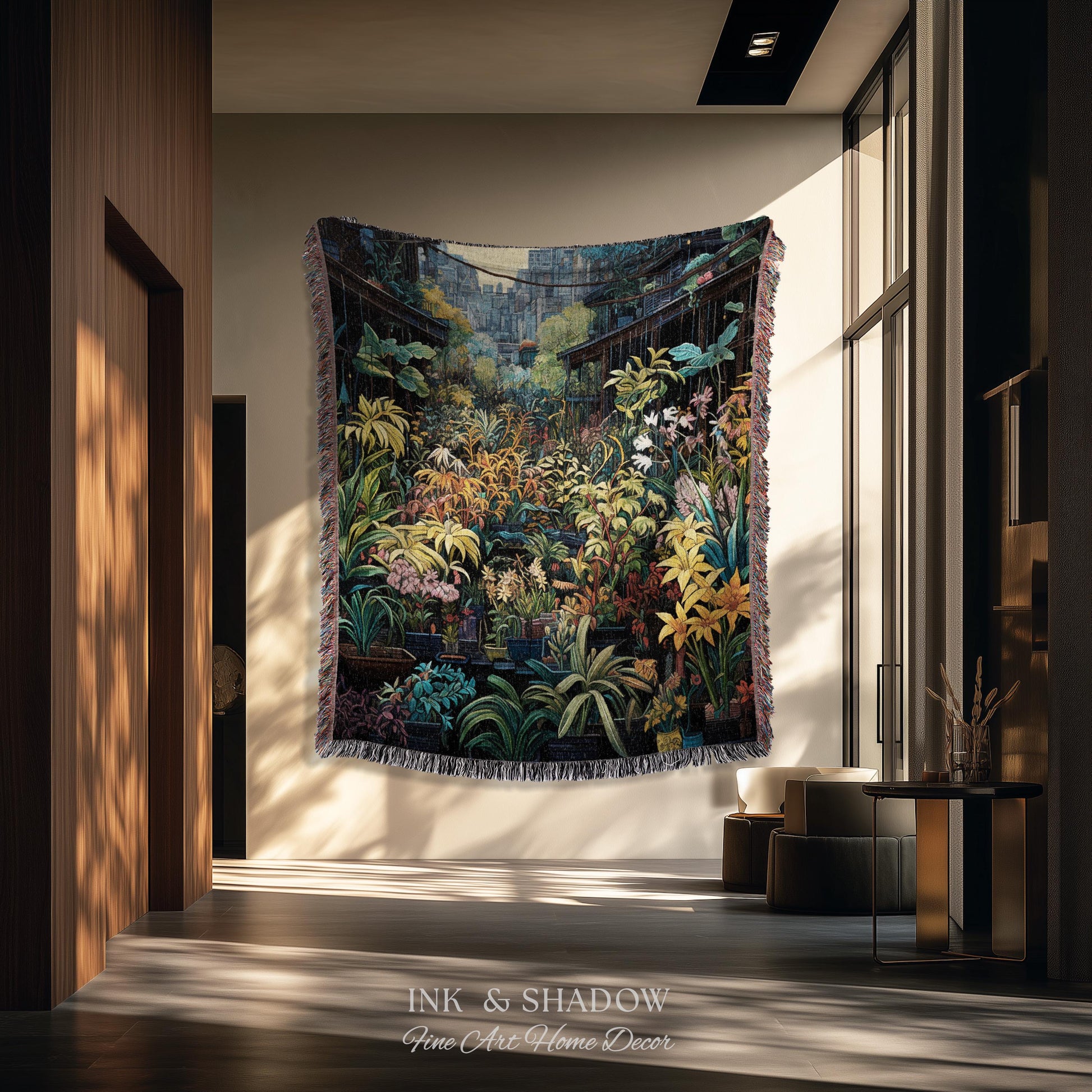 Amsterdam Flower Market Dark Floral Woven Throw Blanket | Flower Wall Backdrop Floral Tapestry Flower Market Wall Art Botanical Blanket |