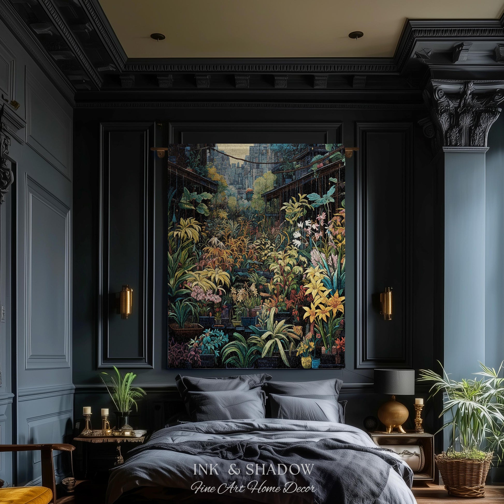Amsterdam Flower Market Dark Floral Woven Throw Blanket | Flower Wall Backdrop Floral Tapestry Flower Market Wall Art Botanical Blanket |