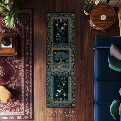 Enchanted Woodland Path Round Rug | Dreamy Moonlit Medieval Garden Decor Celestial Tree Art Whimsical Fairycore Gothic Castle Floor Accent