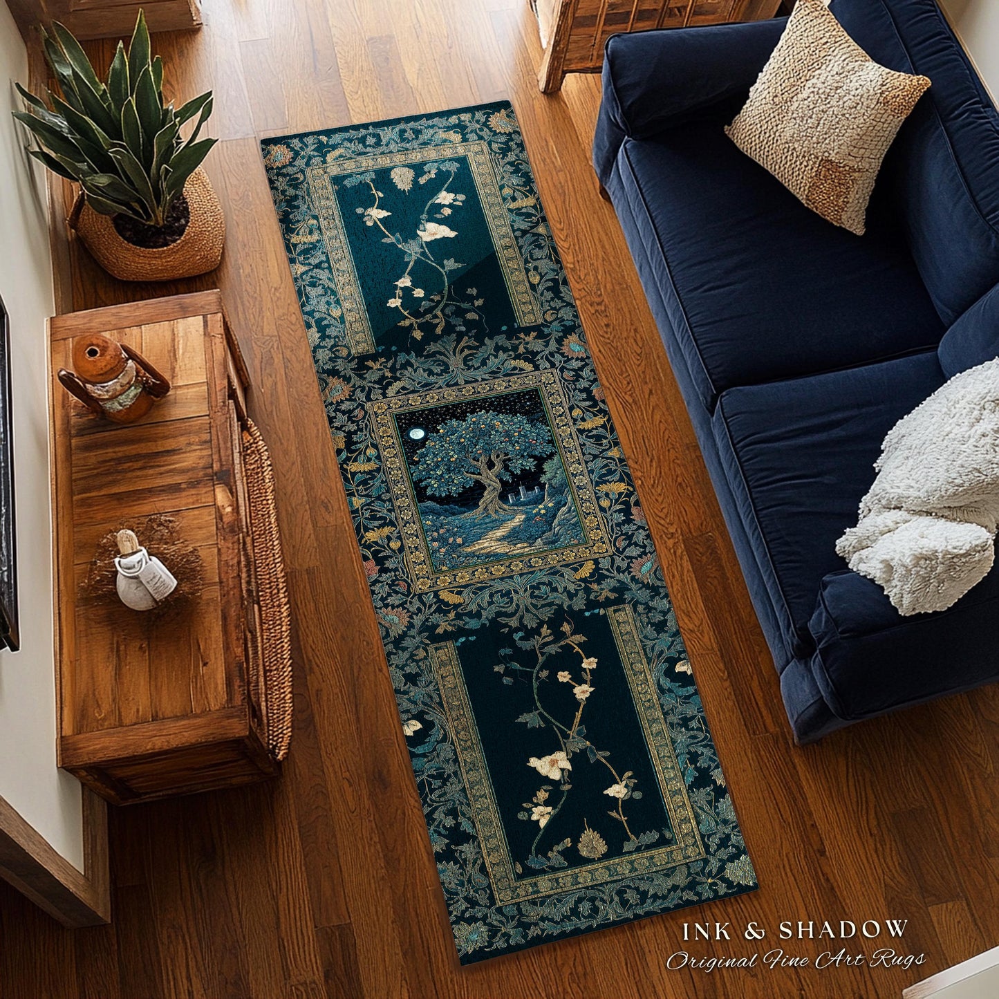Enchanted Woodland Path Round Rug | Dreamy Moonlit Medieval Garden Decor Celestial Tree Art Whimsical Fairycore Gothic Castle Floor Accent