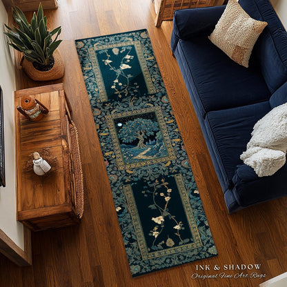 Enchanted Woodland Path Round Rug | Dreamy Moonlit Medieval Garden Decor Celestial Tree Art Whimsical Fairycore Gothic Castle Floor Accent