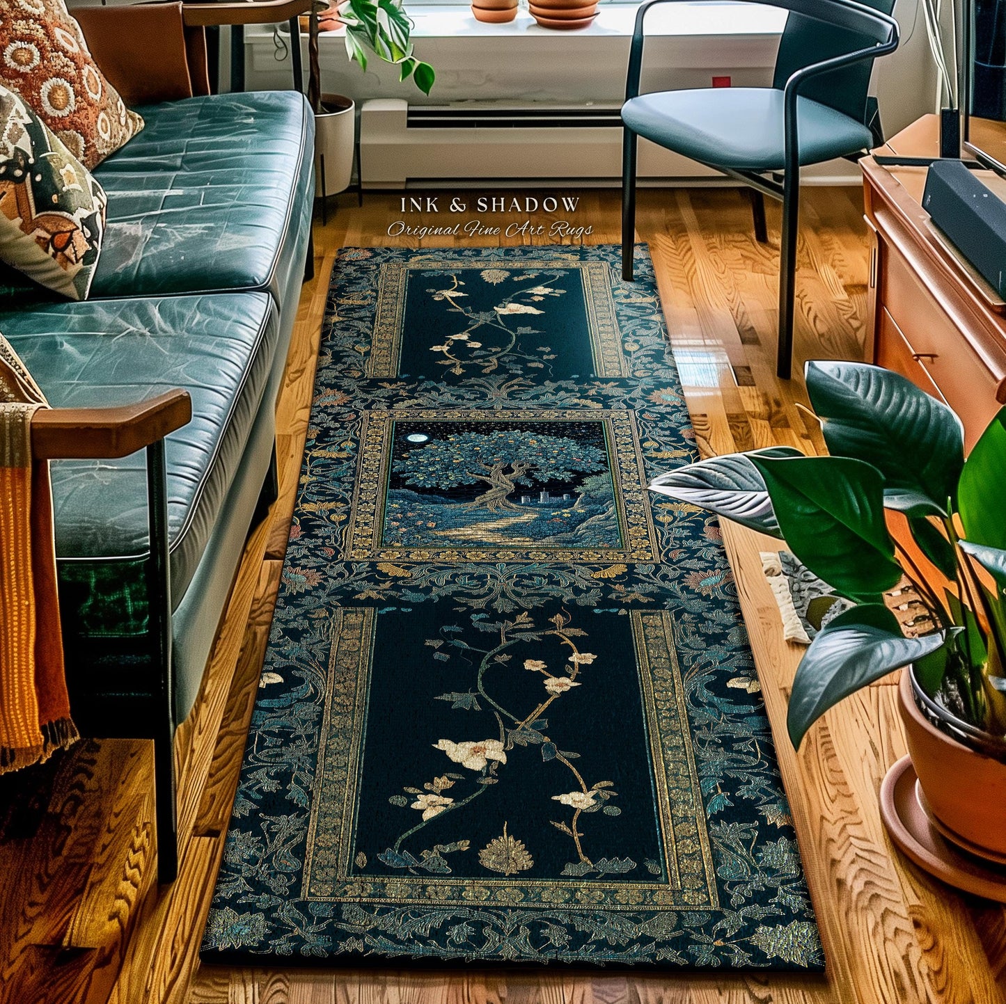Enchanted Woodland Path Round Rug | Dreamy Moonlit Medieval Garden Decor Celestial Tree Art Whimsical Fairycore Gothic Castle Floor Accent