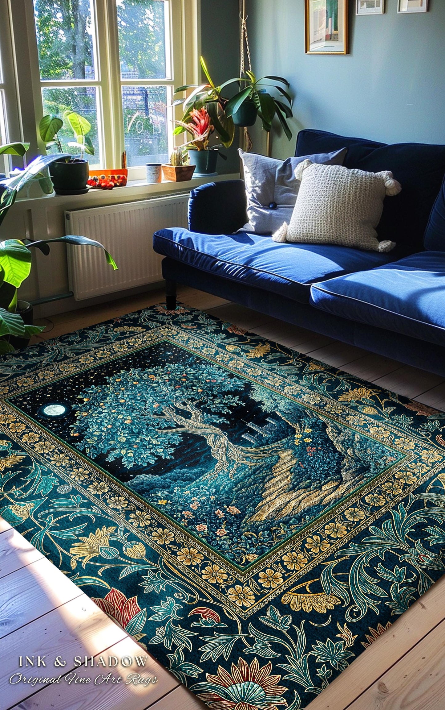 Enchanted Woodland Path Round Rug | Dreamy Moonlit Medieval Garden Decor Celestial Tree Art Whimsical Fairycore Gothic Castle Floor Accent