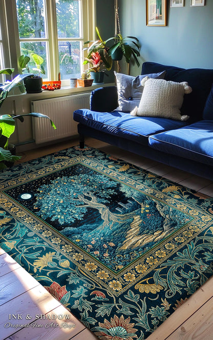 Enchanted Woodland Path Round Rug | Dreamy Moonlit Medieval Garden Decor Celestial Tree Art Whimsical Fairycore Gothic Castle Floor Accent