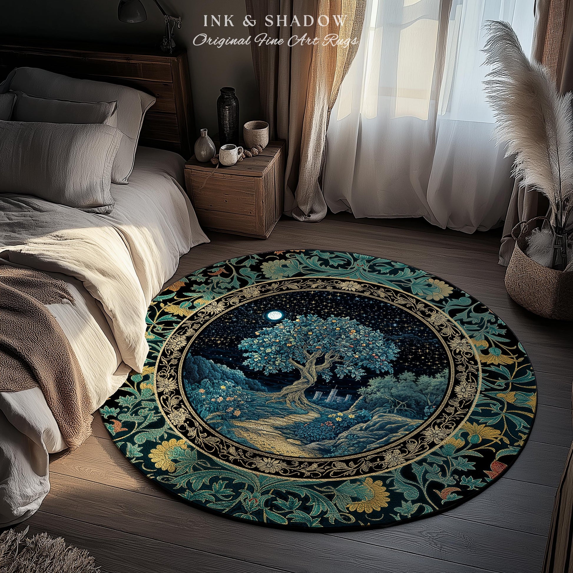 Enchanted Woodland Path Round Rug | Dreamy Moonlit Medieval Garden Decor Celestial Tree Art Whimsical Fairycore Gothic Castle Floor Accent