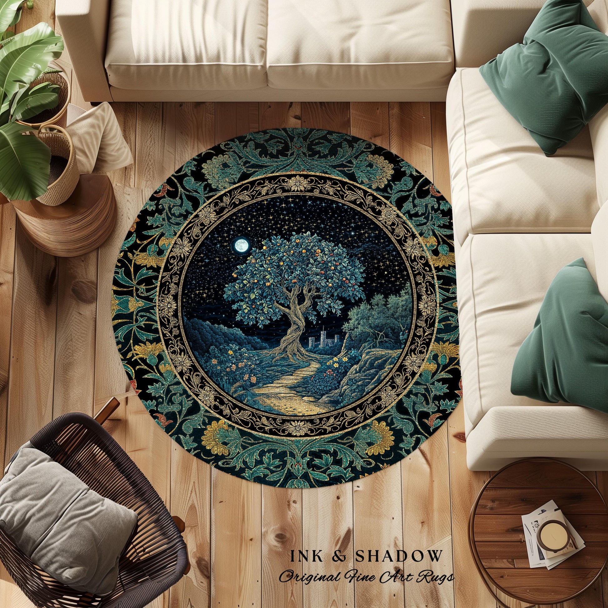 Enchanted Woodland Path Round Rug | Dreamy Moonlit Medieval Garden Decor Celestial Tree Art Whimsical Fairycore Gothic Castle Floor Accent