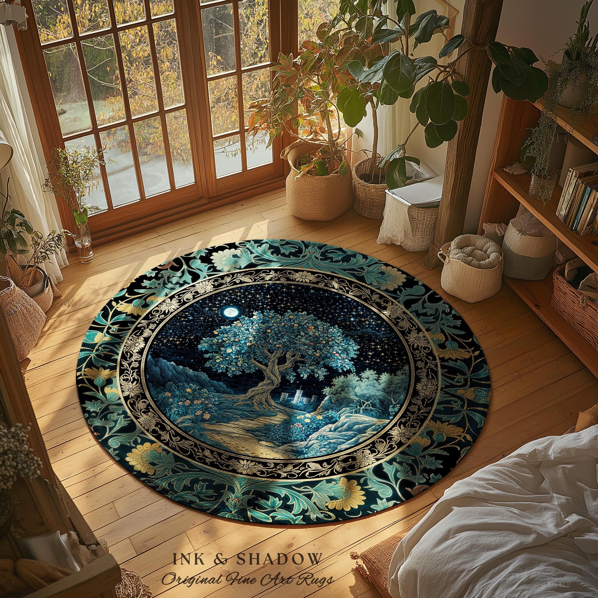 Enchanted Woodland Path Round Rug | Dreamy Moonlit Medieval Garden Decor Celestial Tree Art Whimsical Fairycore Gothic Castle Floor Accent