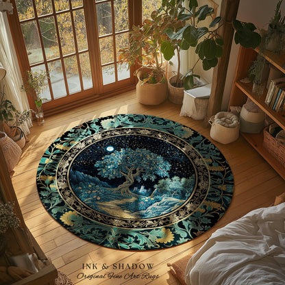 Enchanted Woodland Path Round Rug | Dreamy Moonlit Medieval Garden Decor Celestial Tree Art Whimsical Fairycore Gothic Castle Floor Accent
