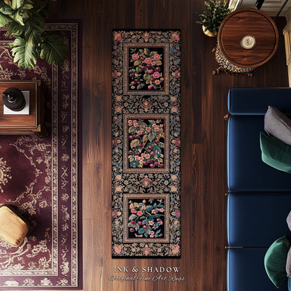 Dark Romantic Cherry Blossom Area Rug Vintage Botanical Art | Victorian Gothic Floral Garden Floor Accent Mat Moody Baroque Academia Decor
