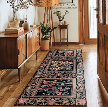 Dark Romantic Cherry Blossom Area Rug Vintage Botanical Art | Victorian Gothic Floral Garden Floor Accent Mat Moody Baroque Academia Decor