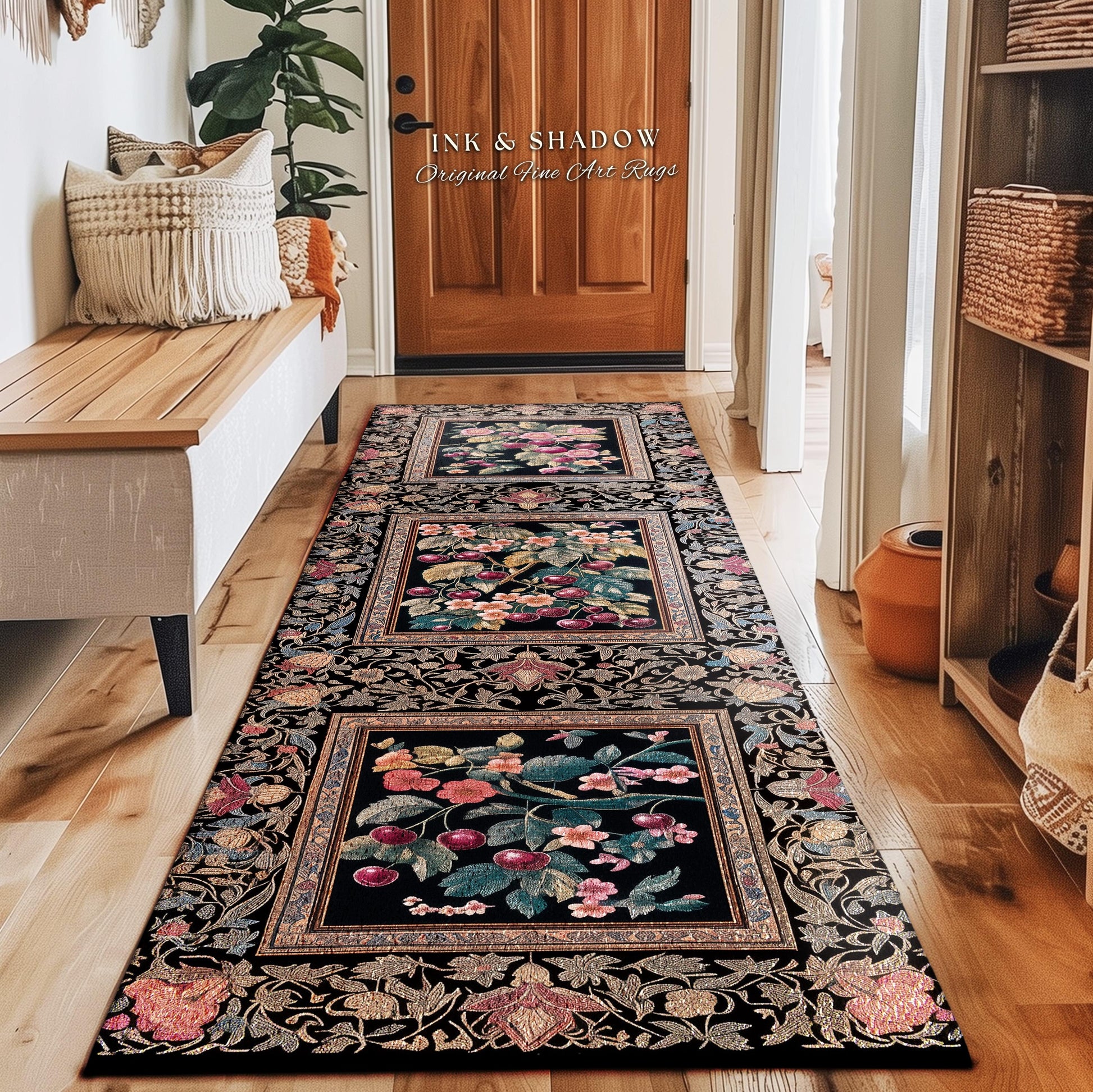 Dark Romantic Cherry Blossom Area Rug Vintage Botanical Art | Victorian Gothic Floral Garden Floor Accent Mat Moody Baroque Academia Decor