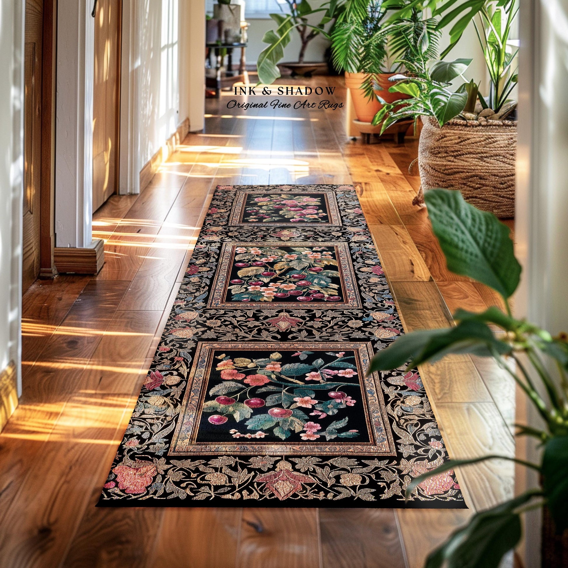 Dark Romantic Cherry Blossom Area Rug Vintage Botanical Art | Victorian Gothic Floral Garden Floor Accent Mat Moody Baroque Academia Decor