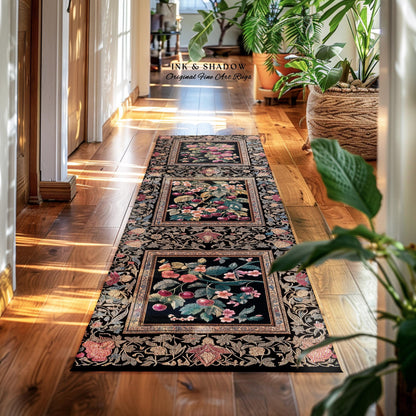 Dark Romantic Cherry Blossom Area Rug Vintage Botanical Art | Victorian Gothic Floral Garden Floor Accent Mat Moody Baroque Academia Decor