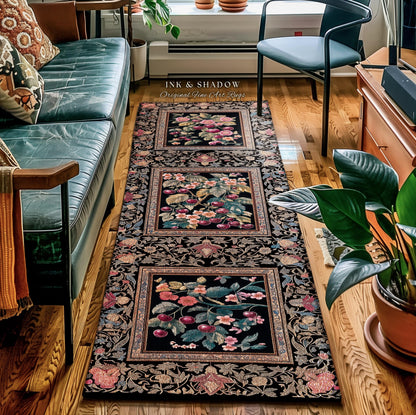 Dark Romantic Cherry Blossom Area Rug Vintage Botanical Art | Victorian Gothic Floral Garden Floor Accent Mat Moody Baroque Academia Decor