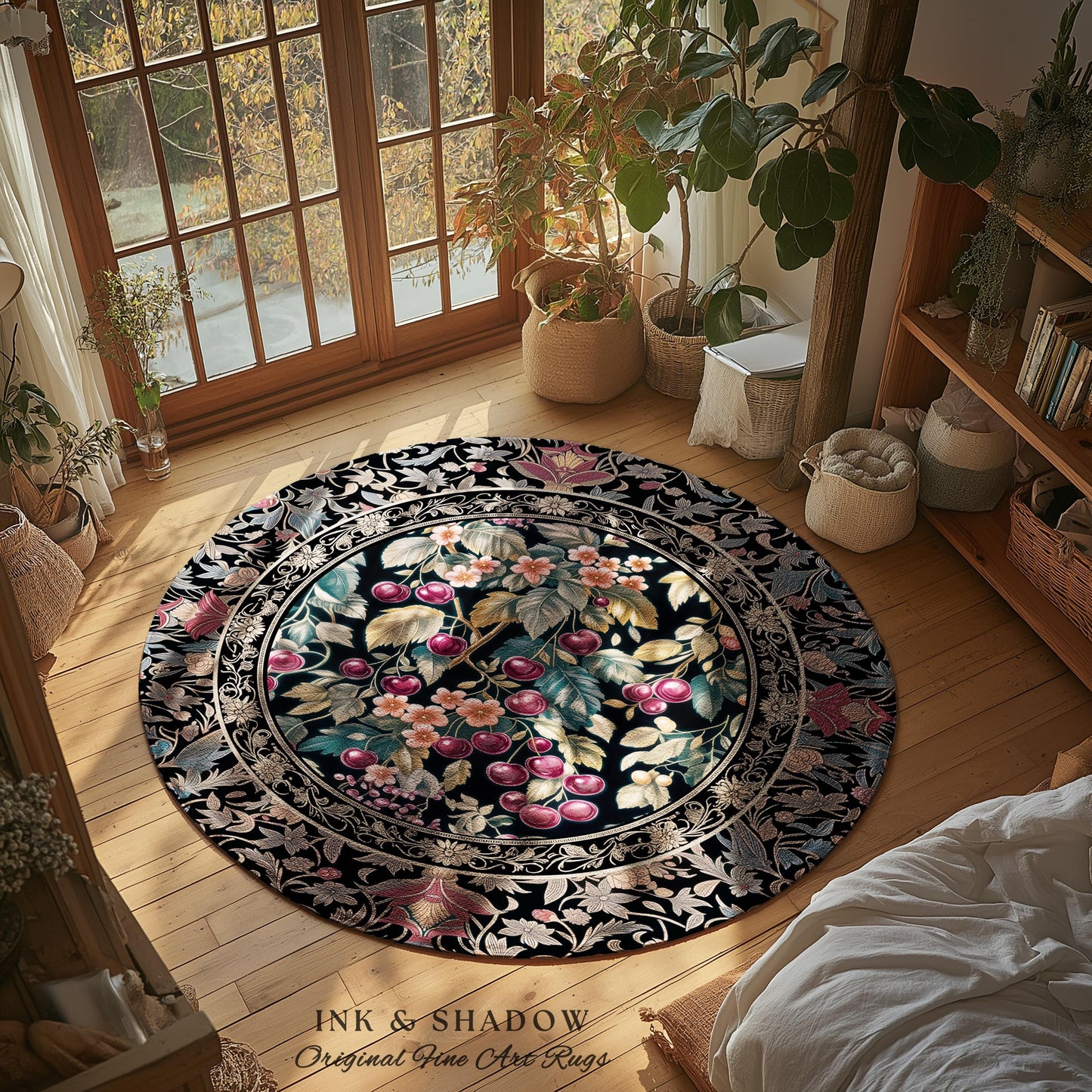 Dark Romantic Cherry Blossom Area Rug Vintage Botanical Art | Victorian Gothic Floral Garden Floor Accent Mat Moody Baroque Academia Decor