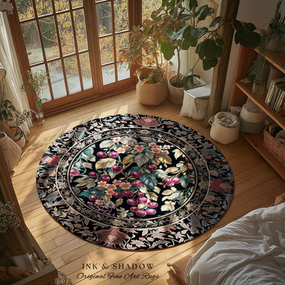 Dark Romantic Cherry Blossom Area Rug Vintage Botanical Art | Victorian Gothic Floral Garden Floor Accent Mat Moody Baroque Academia Decor