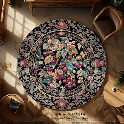 Dark Romantic Cherry Blossom Area Rug Vintage Botanical Art | Victorian Gothic Floral Garden Floor Accent Mat Moody Baroque Academia Decor