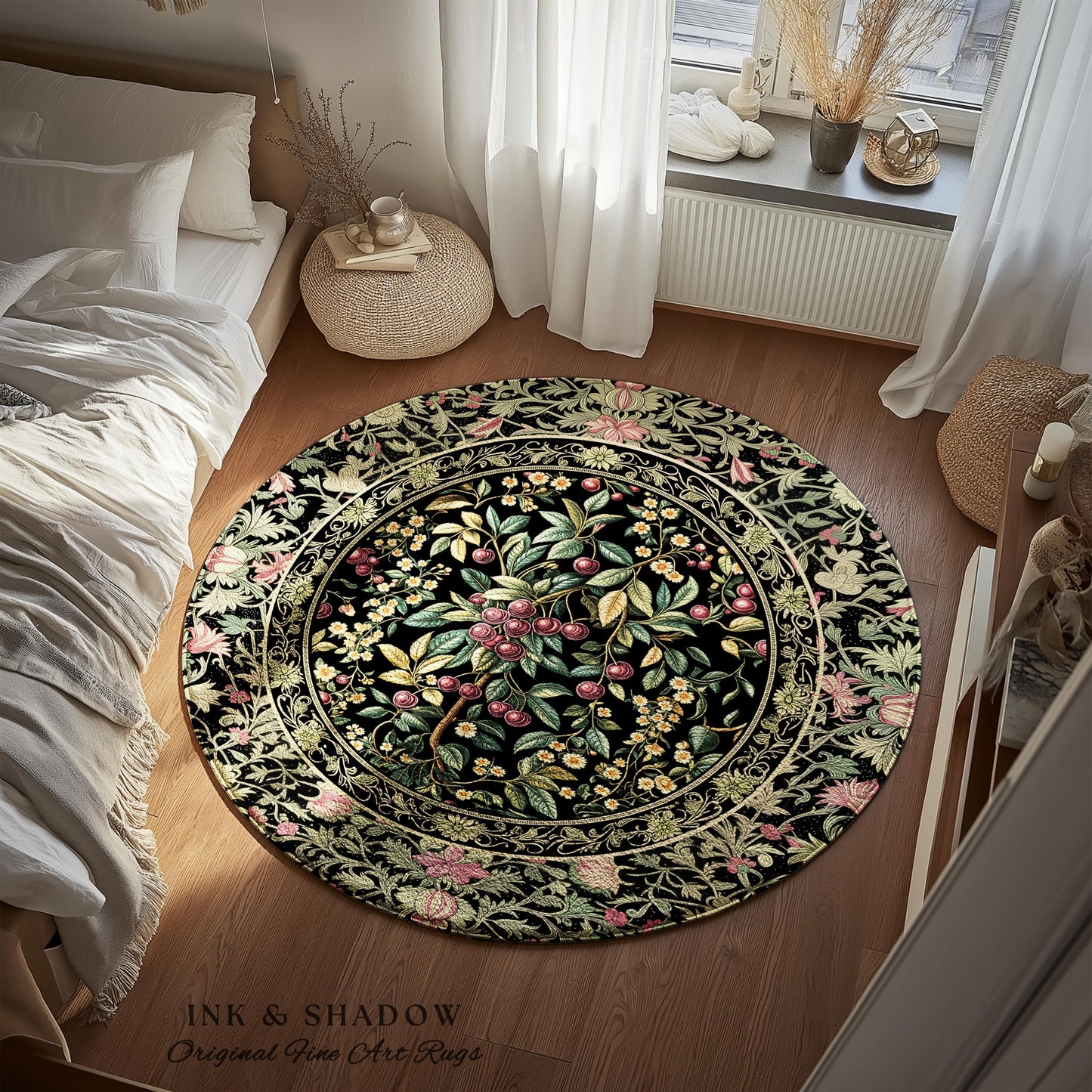Gothic Elegance Botanical Cherry Art Rug | Romantic Dark Cottagecore Floral Fruit Garden Decor Whimsical Victorian Style Floor Mat Accent