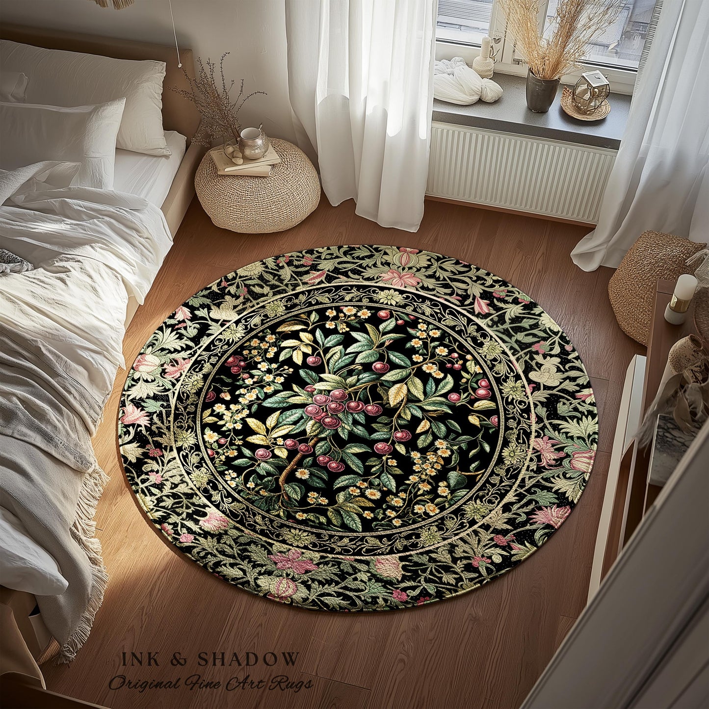 Gothic Elegance Botanical Cherry Elegant Runner Rug | Romantic Dark Cottagecore Floral Hallway Mat Whimsical Vintage Victorian Garden Decor