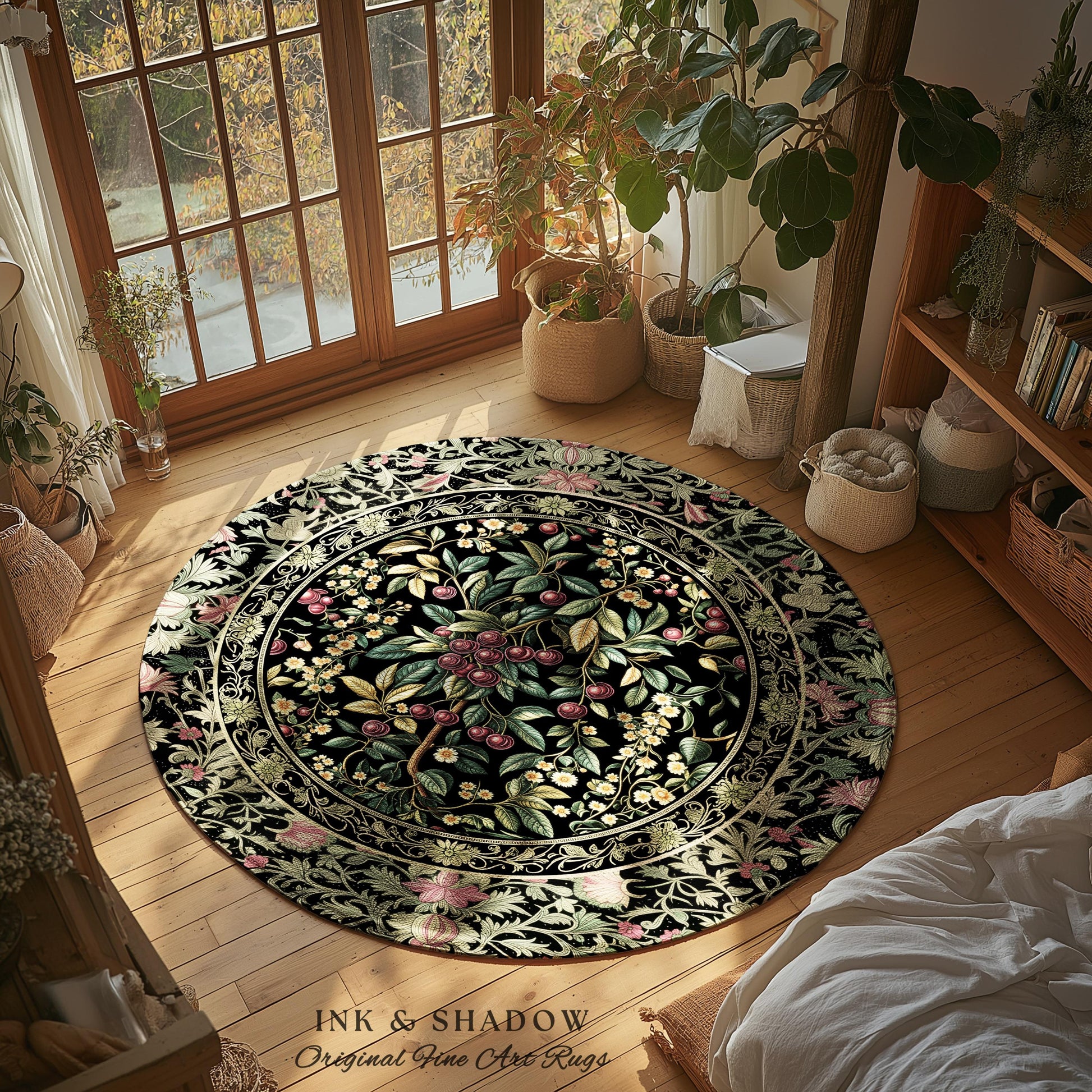 Gothic Elegance Botanical Cherry Art Rug | Romantic Dark Cottagecore Floral Fruit Garden Decor Whimsical Victorian Style Floor Mat Accent