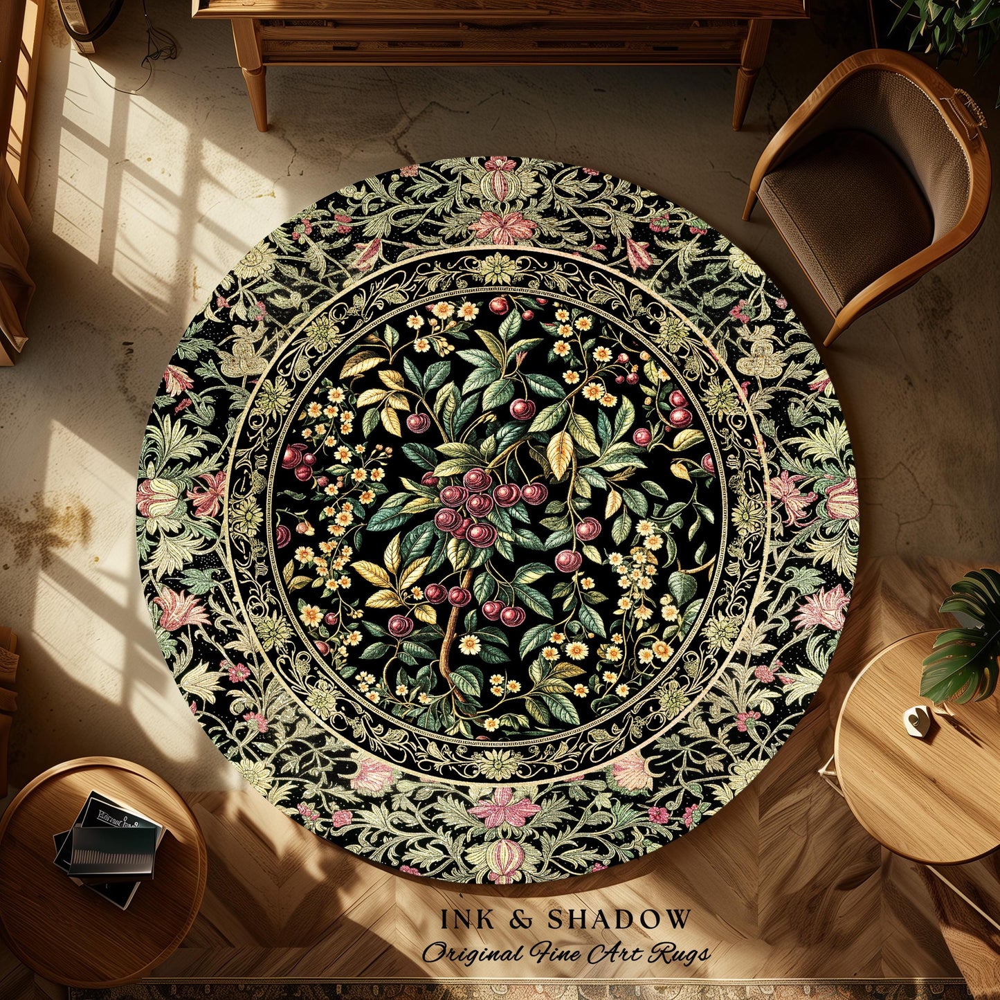 Gothic Elegance Botanical Cherry Art Rug | Romantic Dark Cottagecore Floral Fruit Garden Decor Whimsical Victorian Style Floor Mat Accent