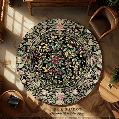 Gothic Elegance Botanical Cherry Art Rug | Romantic Dark Cottagecore Floral Fruit Garden Decor Whimsical Victorian Style Floor Mat Accent