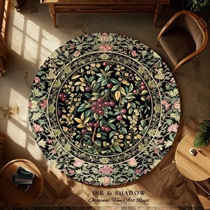 Gothic Elegance Botanical Cherry Elegant Runner Rug | Romantic Dark Cottagecore Floral Hallway Mat Whimsical Vintage Victorian Garden Decor