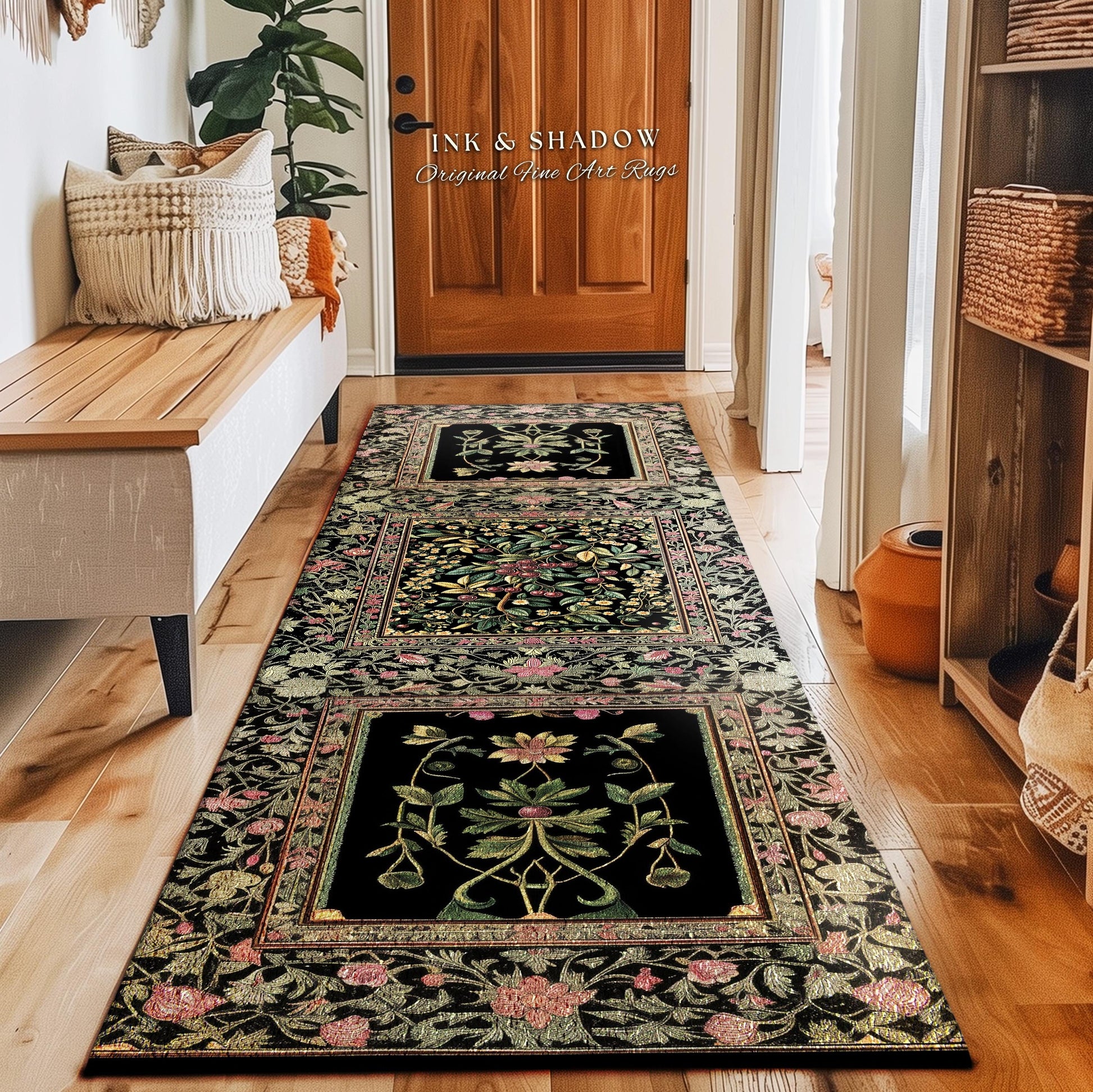 Gothic Elegance Botanical Cherry Art Rug | Romantic Dark Cottagecore Floral Fruit Garden Decor Whimsical Victorian Style Floor Mat Accent